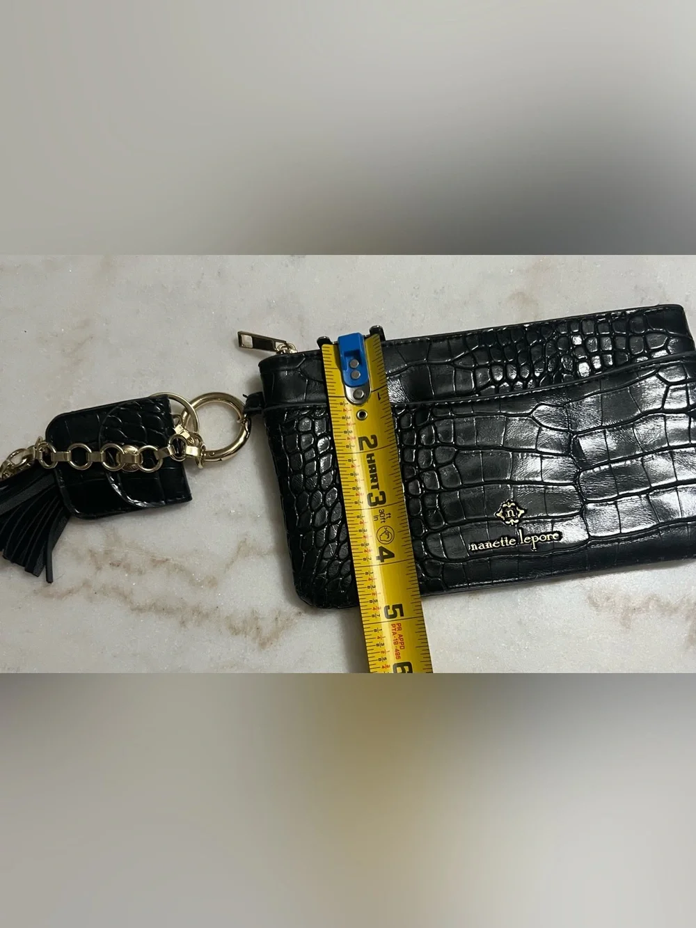 Nanette Lepore Black Patent Leather Croc Embossed Wristlet Gold Chain Accents